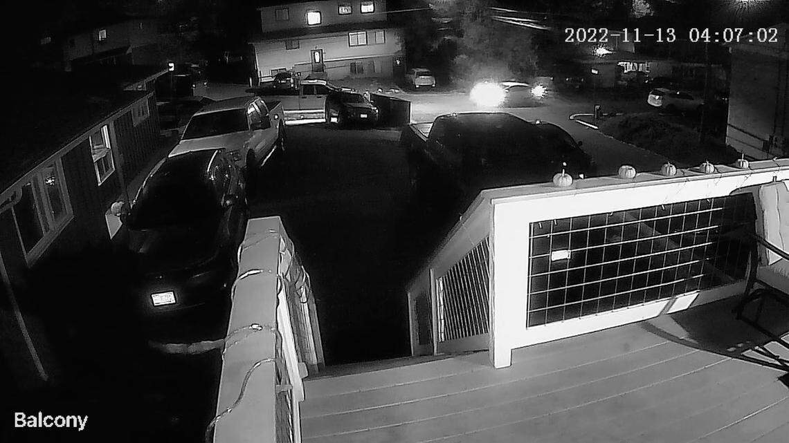 A white 2015 Hyundai Elantra is seen in the King Road neighborhood just before four University of Idaho students were killed on Nov. 13, 2022, from the front balcony security camera of a neighbor’s house.