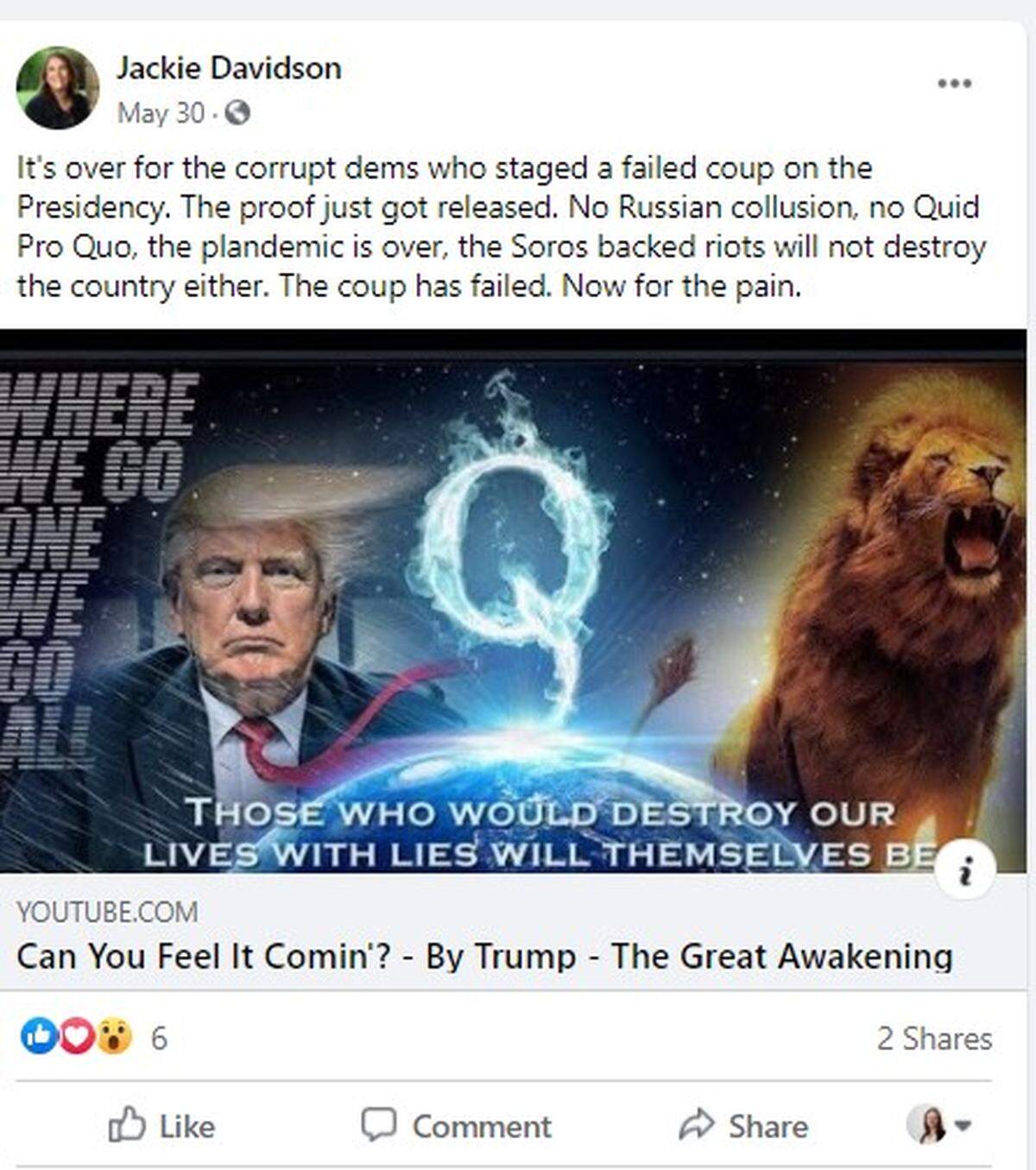Republican Jackie Davidson is running for Boise’s House seat 16B and regularly posts false information on her Facebook page. Davidson says she is not a QAnon follower, but this is an example of a QAnon theory, referencing the “great awakening” with a Q in the background. She also references George Soros and the “Plandemic.” She posted this May 30, 2020.