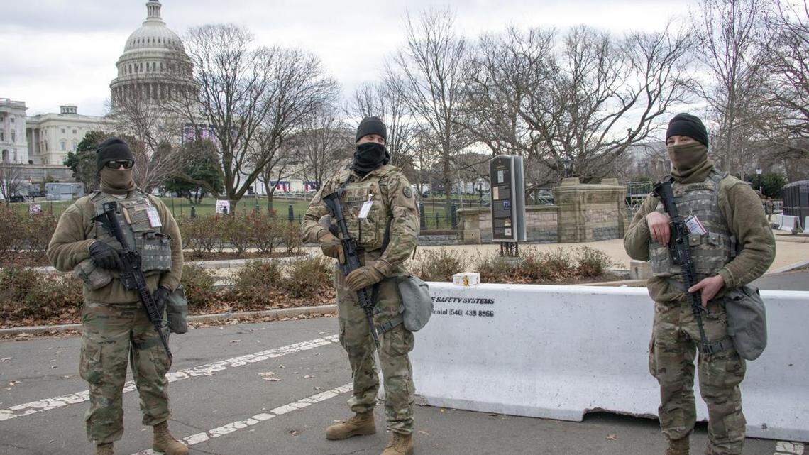 U.S. Army soldiers assigned to the Idaho National Guadrd’s 2nd Squadron, 116th Cavalry Regiment, 116th Cavalry Brigade Compat Team, provide support on Jan. 19, 2021, in Washington, D.C., for the presidential inauguration.