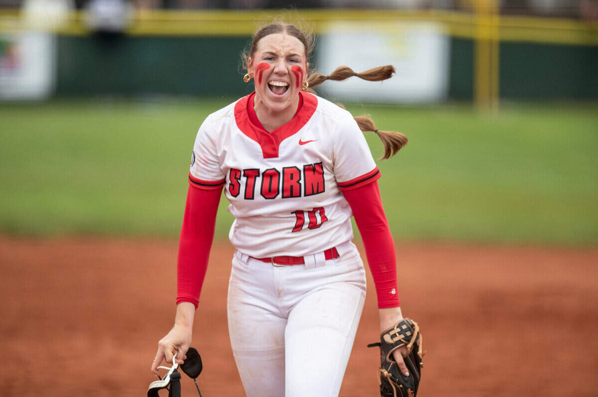 Owyhee’s Grace Brooks celebrates striking out a Mountain View batter to end the fifth inning.