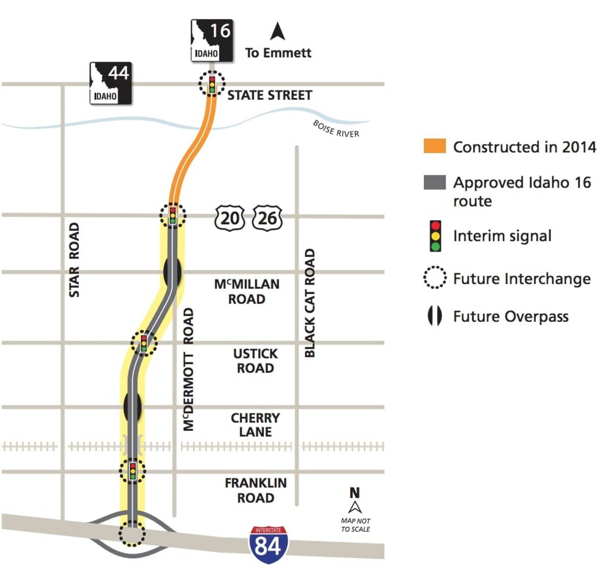 The proposed route for Idaho 16 would follow McDermott Road. South of McMillan Road, the path branches slightly to the west.