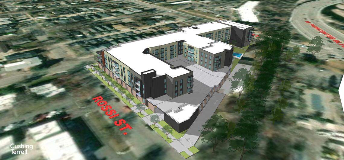 This rendering shows a bird’s eye view from the southeast of The Mill at Loggers Creek at 1250 S. Division Ave. Neighbors were more supportive of the new “E” shape design.