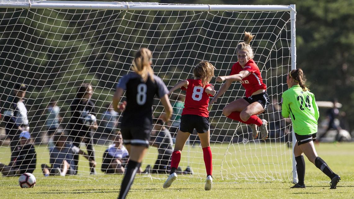Avery McBride of the Boise Thorns leaps in celebration after scoring the tying goal against Utah Celtic FC in the girls U-15 Far West Regional championship match Sunday, June 23, 2019 at Simplot Sports Complex in East Boise. The match remained tied after two extra periods, but Utah Celtic FC won the title match with penalty kicks.