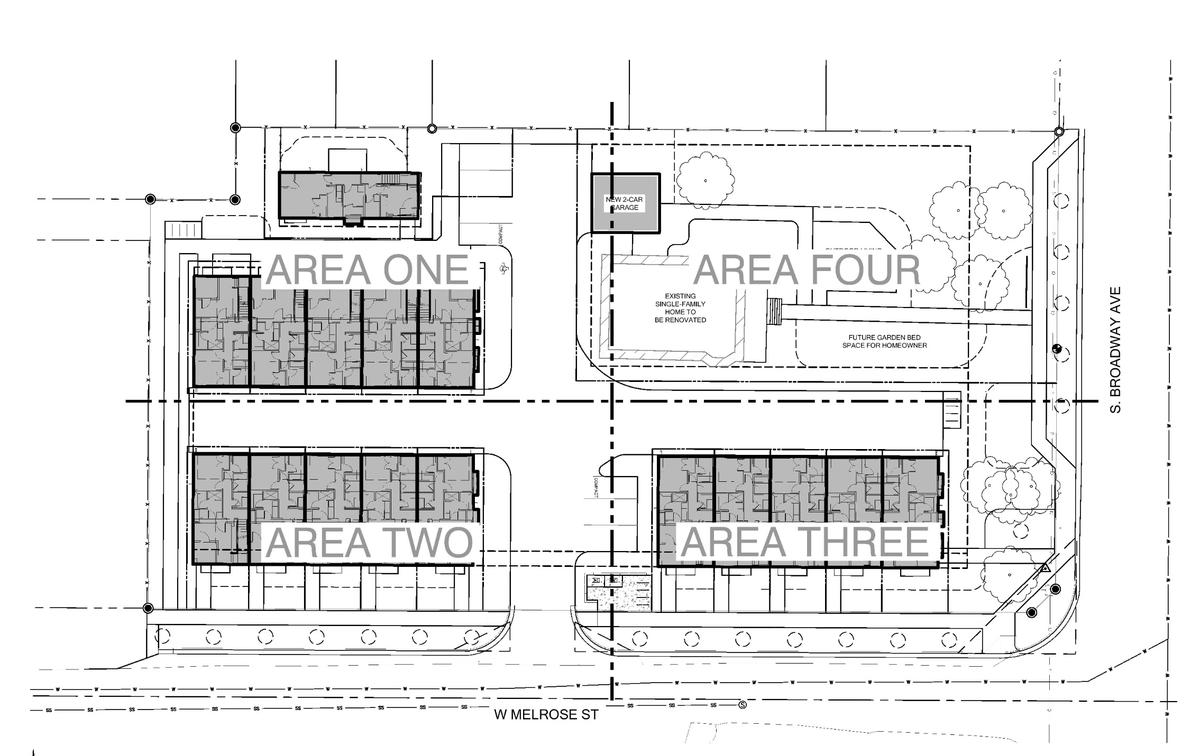 Developer David Benoit plans to build the 15 town houses in three buildings and a single-family home called the Wyeth Subdivision next to the historic Nathan Smith House in South Boise at 2315 S. Broadway Ave. This landscape plan shows how the site would be divided, with the Nathan Smith House protected at top right.