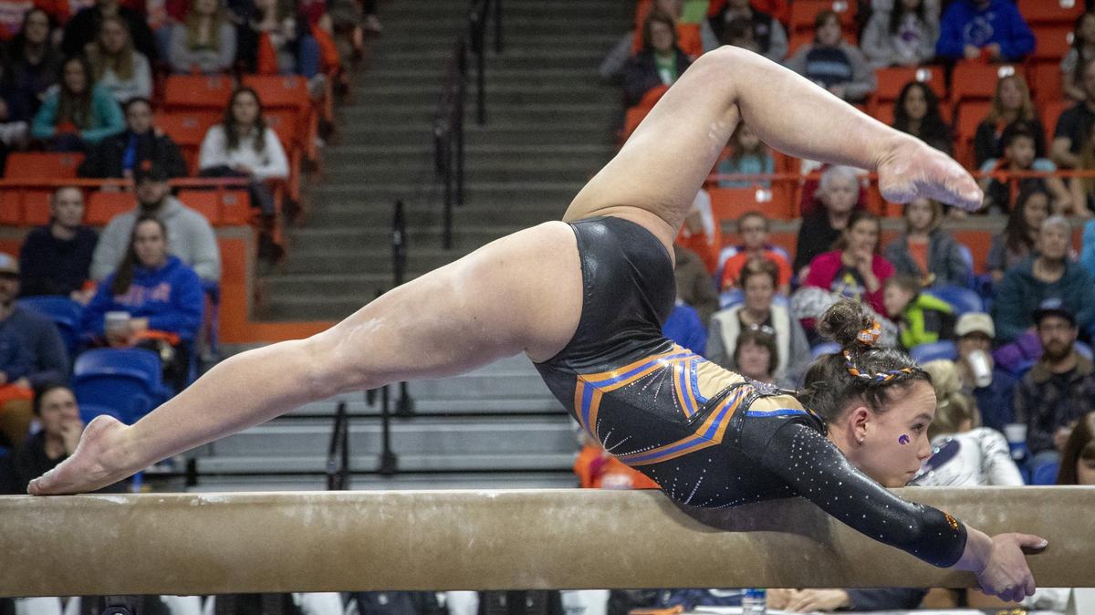 Gabriela Bouza on beam. The No. 13 Boise State gymnastics team hosts No. 16 BYU in the Broncos’ final home meet of the 2019 season.