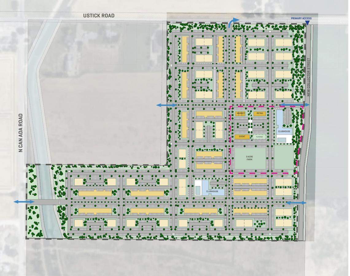 Nampa City Council approved an application for a nearly 1,500 home subdivision in the city’s northeastern corner from San Diego-based Murphy Development Co. in June. The site sits at on the southeastern corner of the busy Can Ada and Ustick road corridors. This site plan shows how the apartment buildings would be oriented, with the 3-acre community farm at center right.