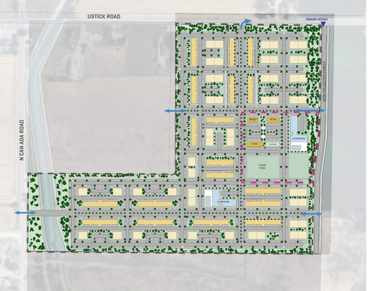 This site plan shows how the apartment buildings would be oriented, with the 3-acre community farm at center right and Ustick Road at top.