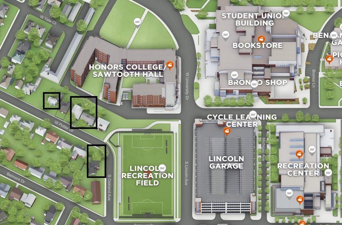 The four houses that Boise State University is looking to demolish are marked with black outlines. The map mistakenly shows open space where a house actually stands next to the outlined home at far left.