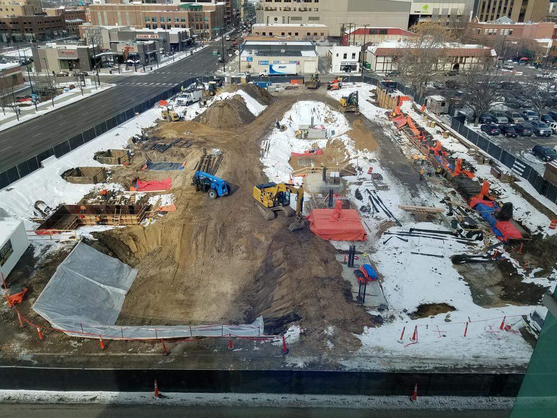 Construction has begun on the 7-story Home2Suites hotel at 502 W. Front St. The hotel will have 138 guest rooms and a 541-space parking lot. Raymond Management Co. of Middleton, Wisconsin, will own and operate the hotel. Boise developer Clay Carley will own and operate the parking lot. The photo was taken from the fifth floor of the C.W. Moore office building on 5th Street.