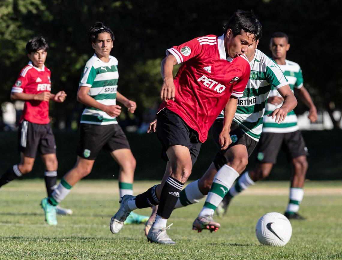 Alan Cisneros Hernandez heads upfield for the U-14 Boise Timbers boys during their 2-0 win over Northern California’s Santa Clara Sporting in the semifinals at the Far West Regionals at Boise’s Simplot Sports Complex.