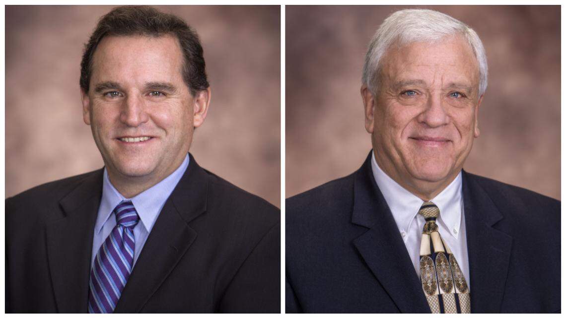 Ada County Highway District commissioners Paul Woods, left, and Kent Goldthorpe. While Goldthorpe survived a challenge Tuesday from three opponents, Woods was knocked off by Mary May in a close race.