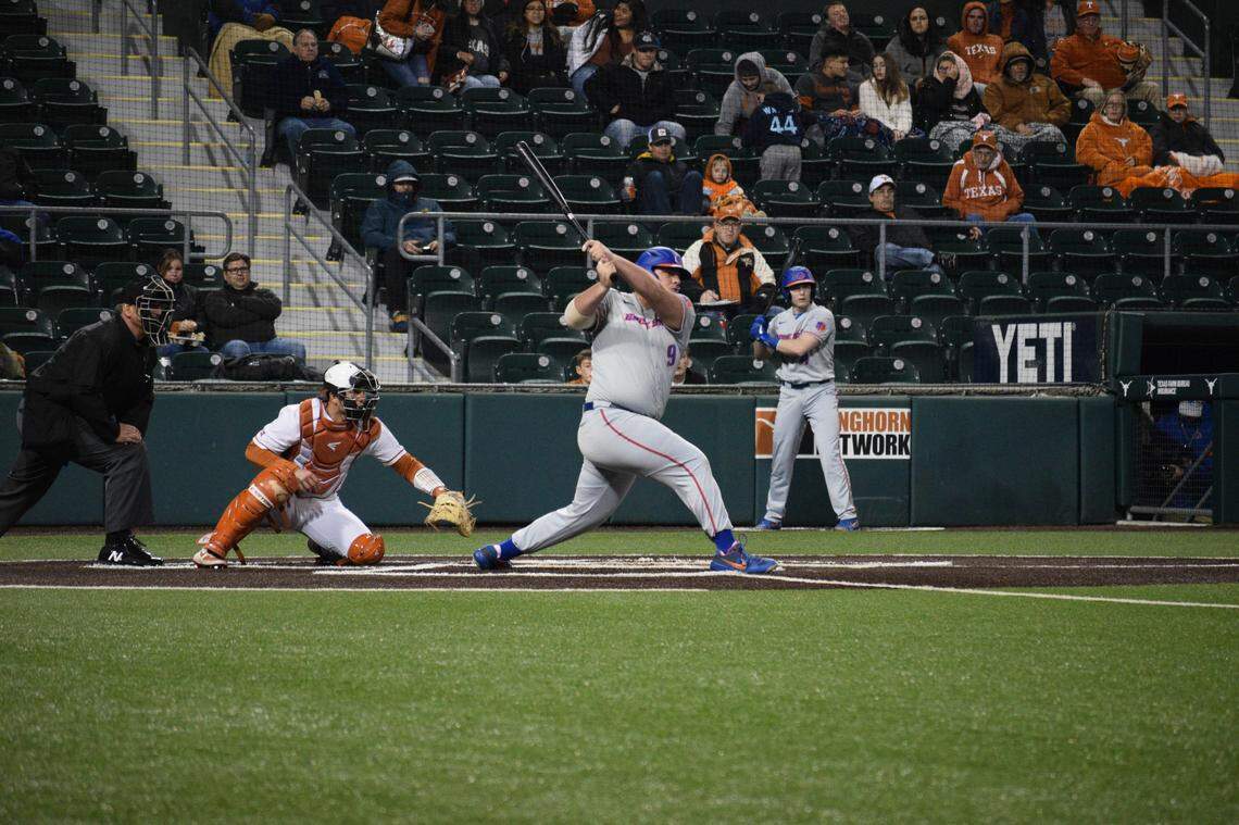 First baseman Joe Yorke recorded the first hit of the Boise State baseball program relaunch Friday at Texas.