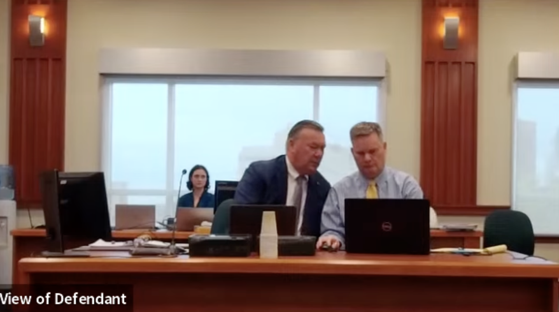 Chad Daybell, right, confers with his attorney John Prior during his criminal trial. He’s accused of murdering and conspiring to murder two of his wife’s children, along with his then-wife Tammy Daybell.