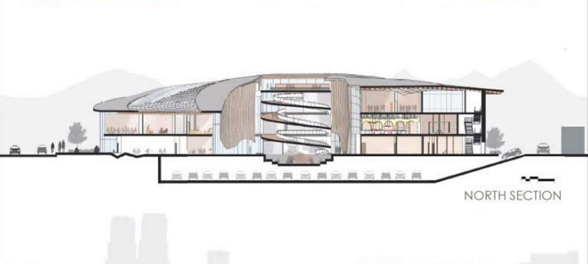 A drawing shows an exterior design concept for the Idaho Museum of International Design.