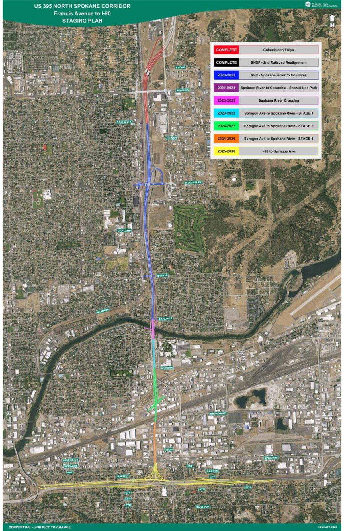 The North Spokane Corridor map runs through the city, causing closures around Farwell Road and Wandermere.