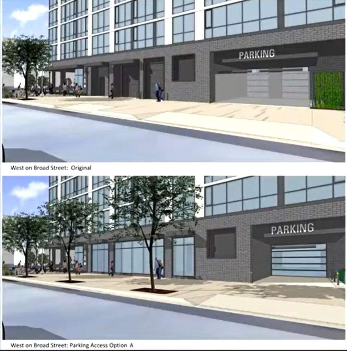 These renderings show the altered design for parking garage access in the proposed Ovation apartment building at 521 W. Front St. The top design shows the original plans for parking garage access on Broad Street. The below diagram shows an updated version of parking garage access on Broad Street after changes were made.