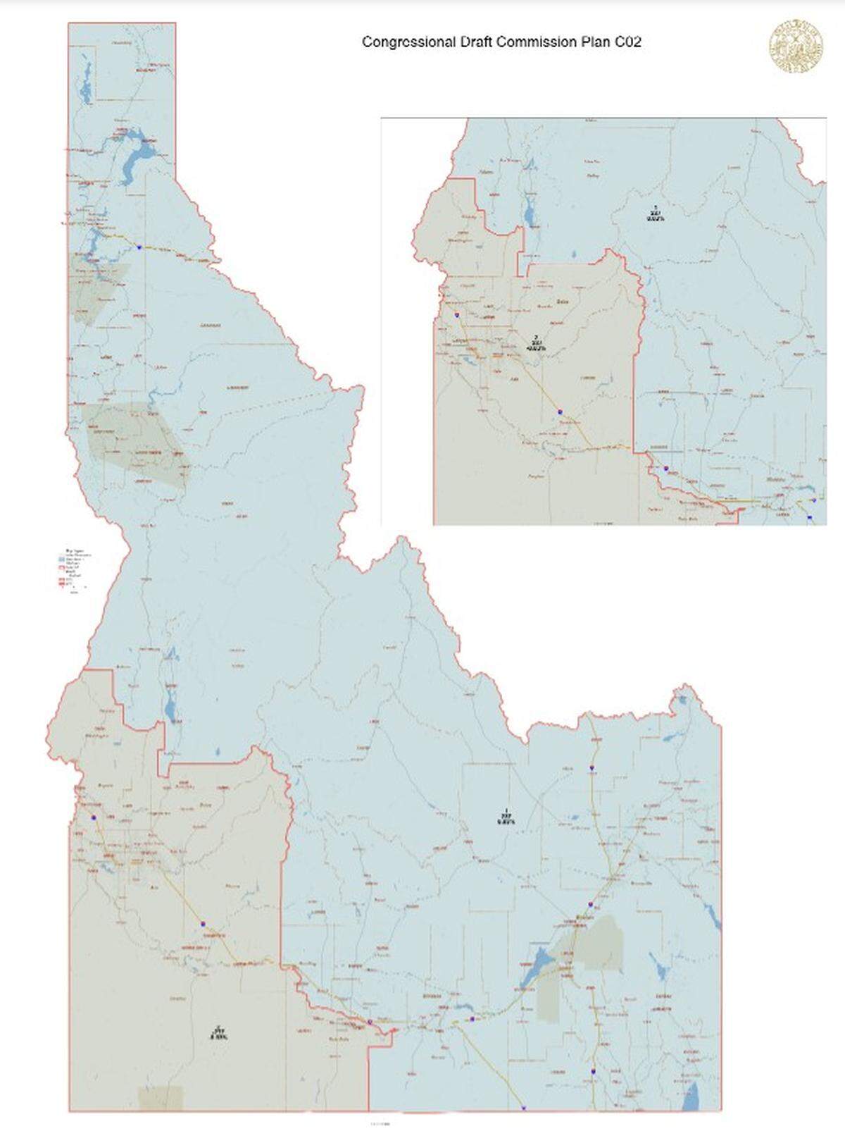 This map put out by the Idaho redistricting commission created a congressional district that followed the county lines of Washington, Payette, Canyon, Ada, Boise, Gem, Owyhee, Elmore and Twin Falls counties, creating what you might call a Southwest Idaho district.