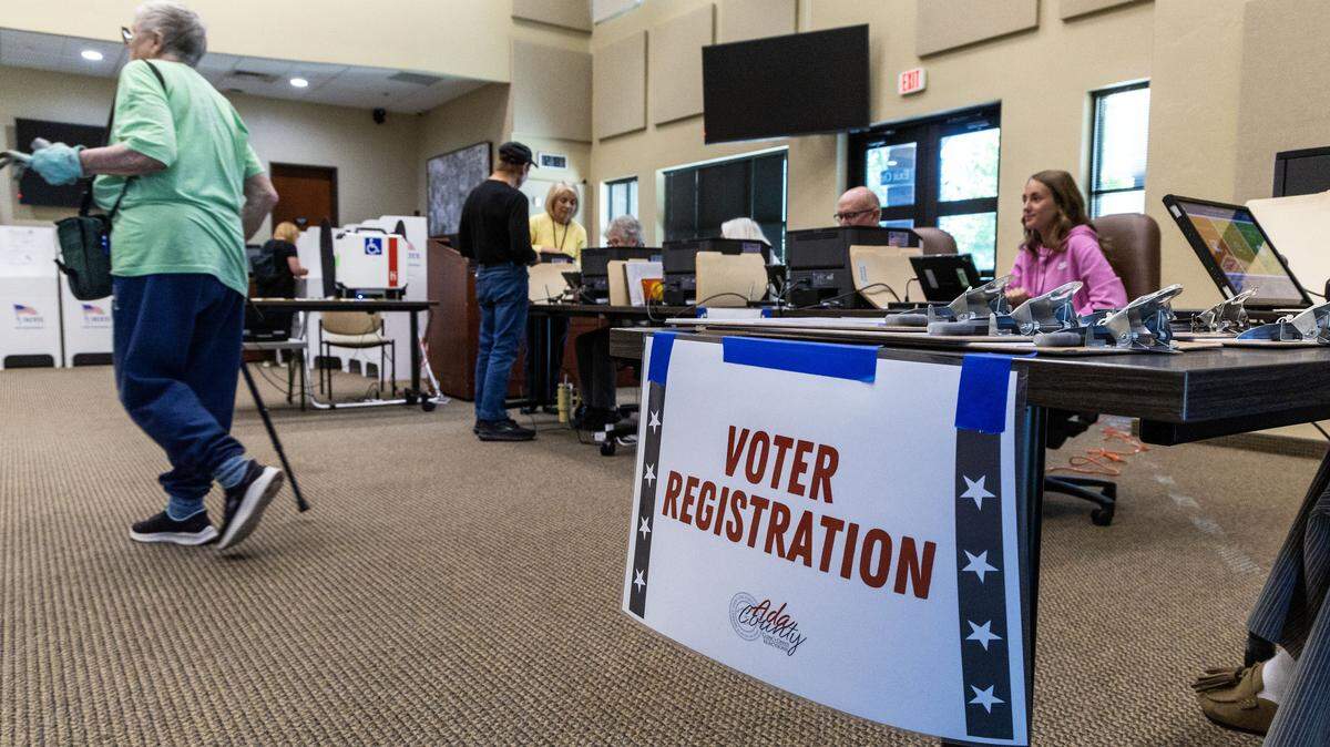 A steady trickle of voters cast their primary ballots at Eagle City Hall, Tuesday, May 19, 2026.