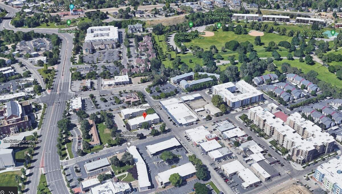 A view of 860 W. Sherwood St. looking south, with the Boise Depot in the background and Ann Morrison Park to the west. The planned redevelopment will replace student housing on the site.