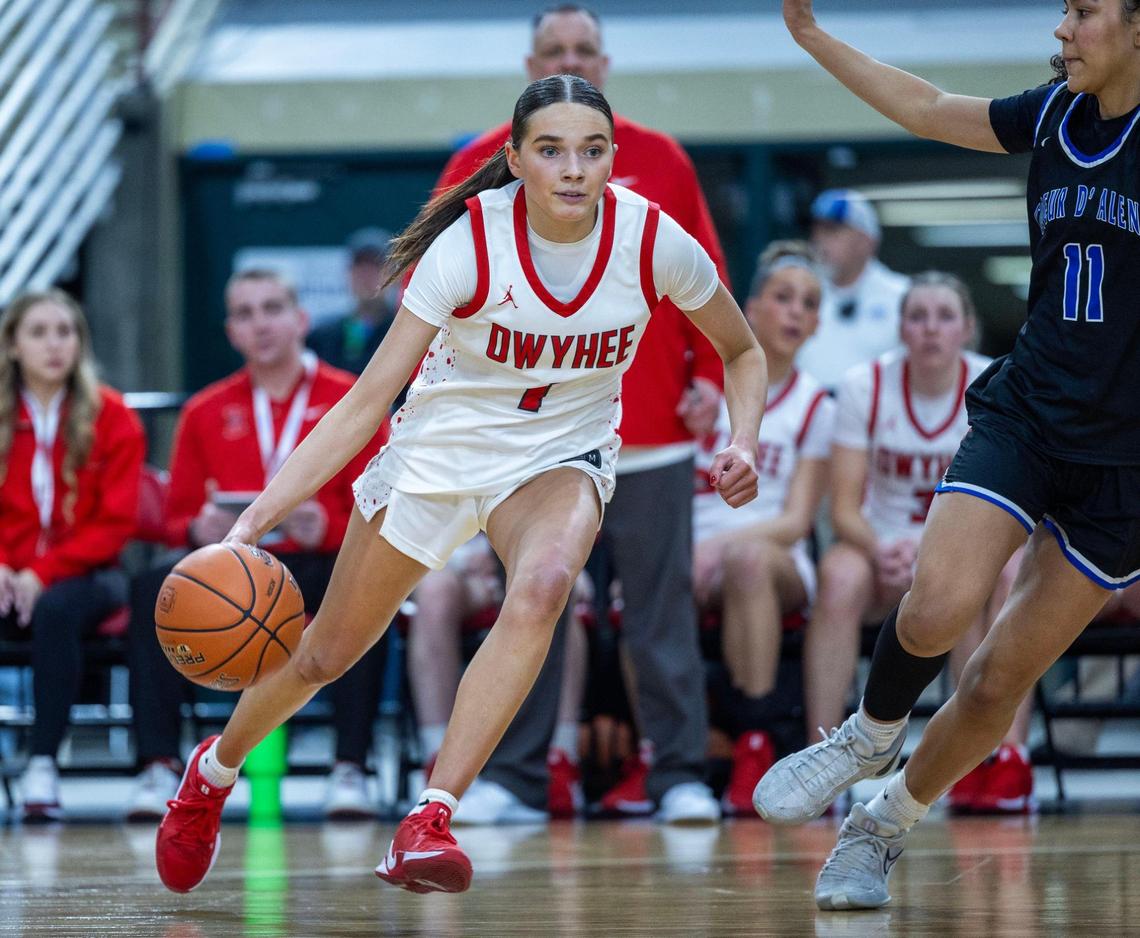Owyhee guard Josie Davis drives past Coeur d’Alene’s Brookeslee Colvin in overtime Friday.