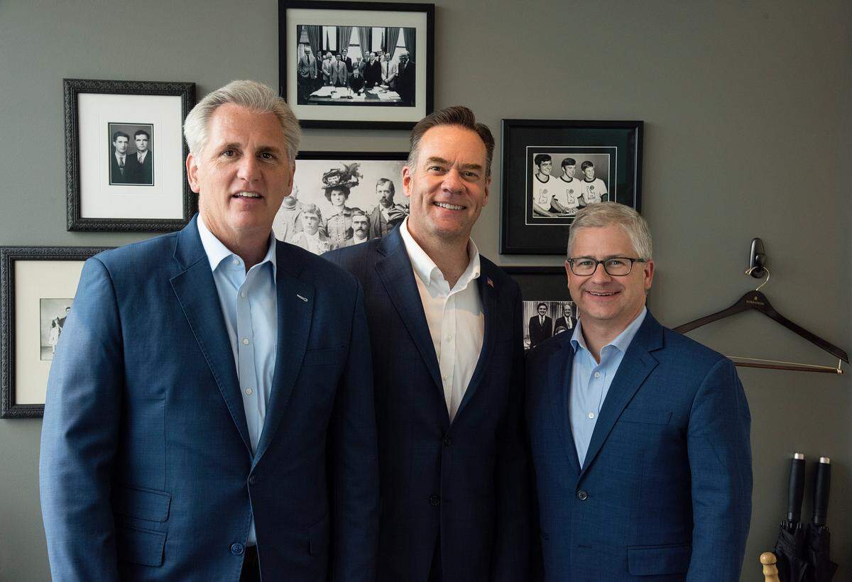 From left, U.S. House Majority Leader Kevin McCarthy,Idaho congressional candidate Russ Fulcher and House Chief Deputy Whip Patrick McHenry pose during an Aug. 22, 2018, meeting in Boise.