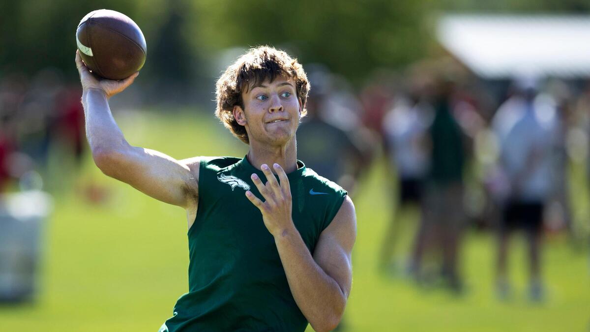 Eagle quarterback Davis Harsin fires a pass during the Famous Idaho Potato Bowl 7-on-7 tournament last month.