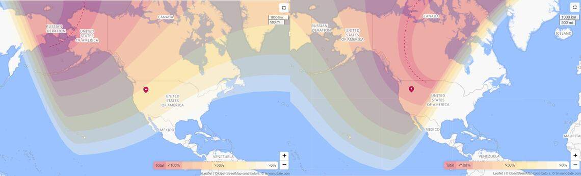 The next two paths of totality on United States soil. The image on the left is March 30, 2033 and the image on the right is Aug. 22, 2044.