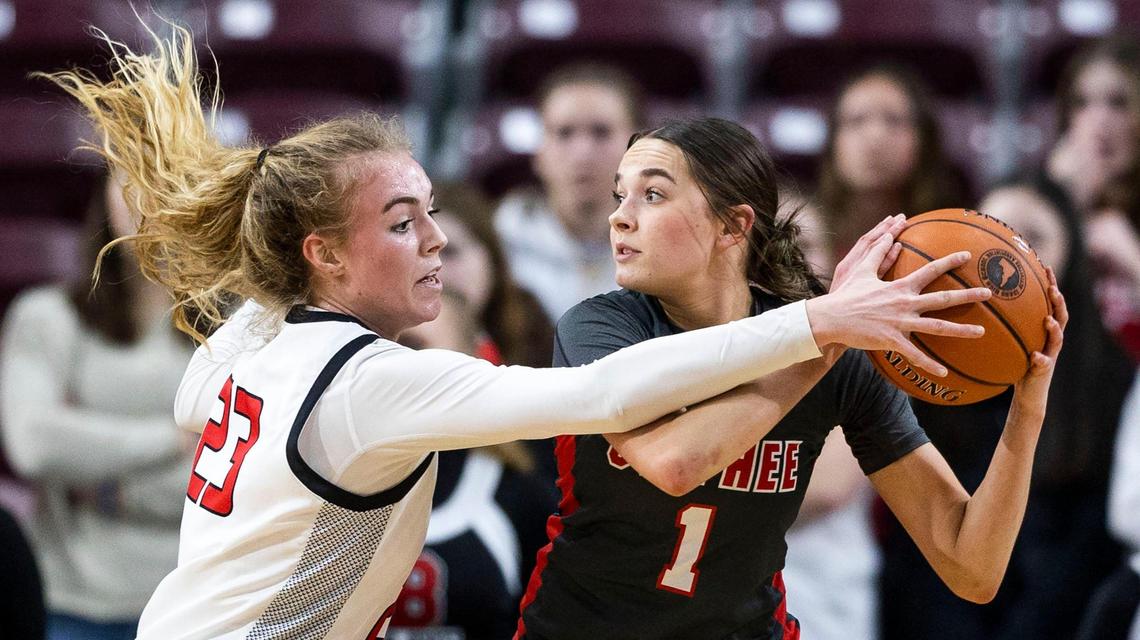 Owyhee’s Josie Davis fights off pressure from Boise forward Avery Howell on Feb. 16.