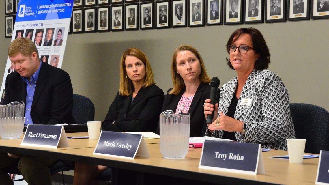 Boise School Board member Maria Greeley, right, speaks during an Aug. 21, 2018 candidate forum at the Boise Metro Chamber.