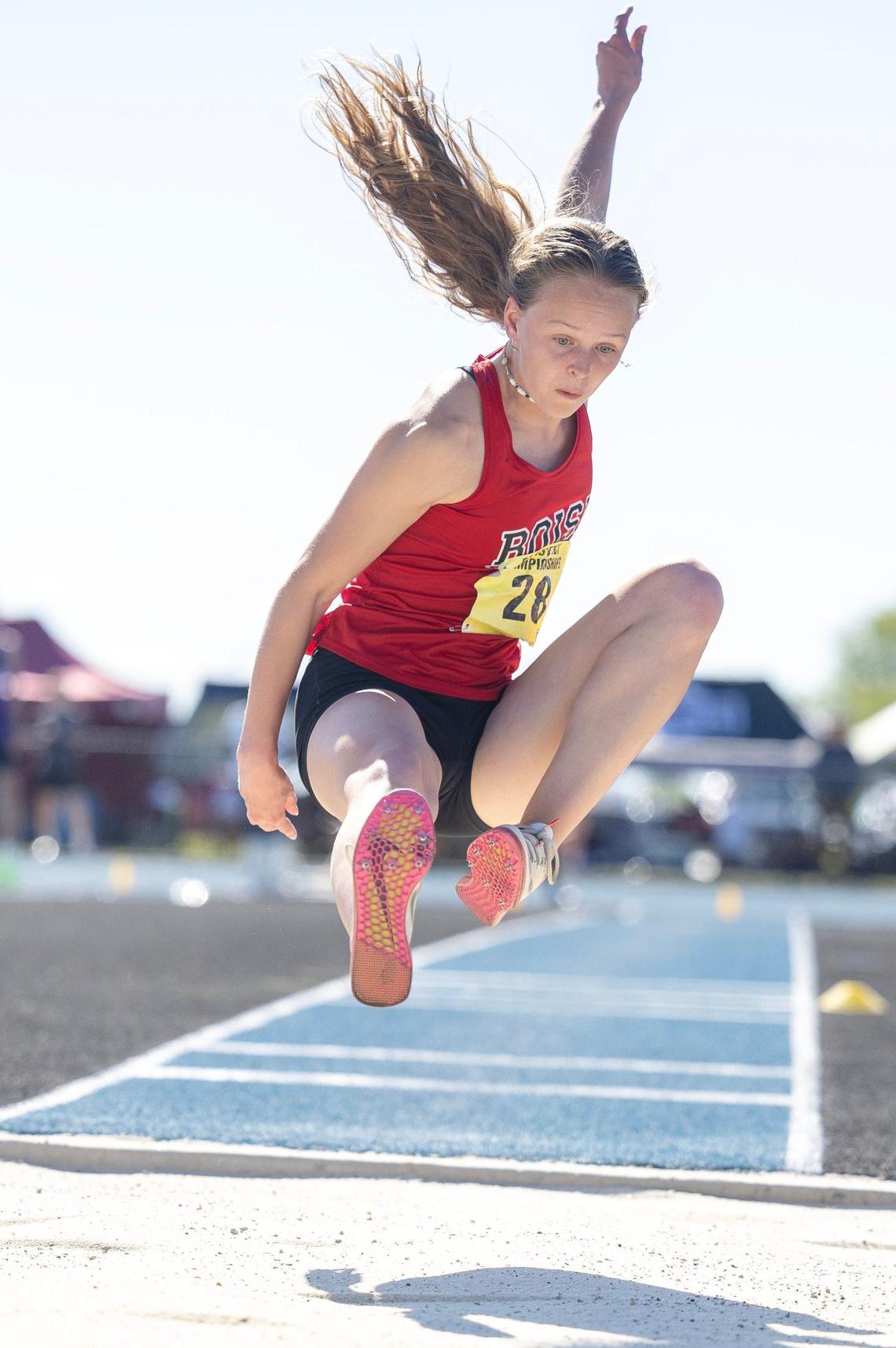 Boise’s Autumn Shomaker competes in the girls triple jump at the 5A District Three Track and Field Championships held Friday at Middleton High School. Shomaker set a meet record in the long jump on Thursday.