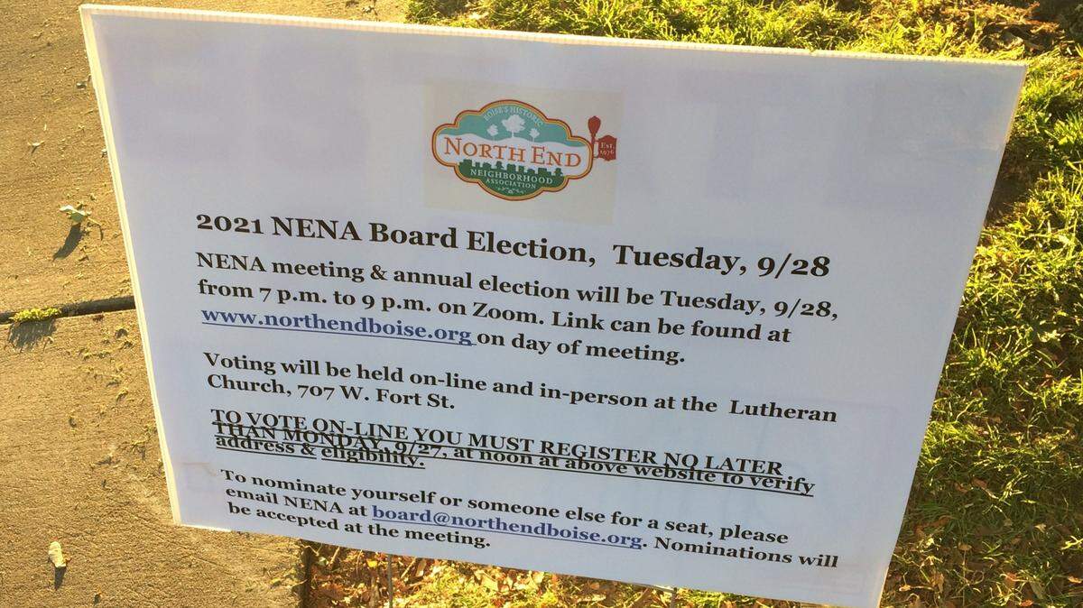 This sign at Elm Grove Park announces Tuesday’s North End Neighborhood Association election.