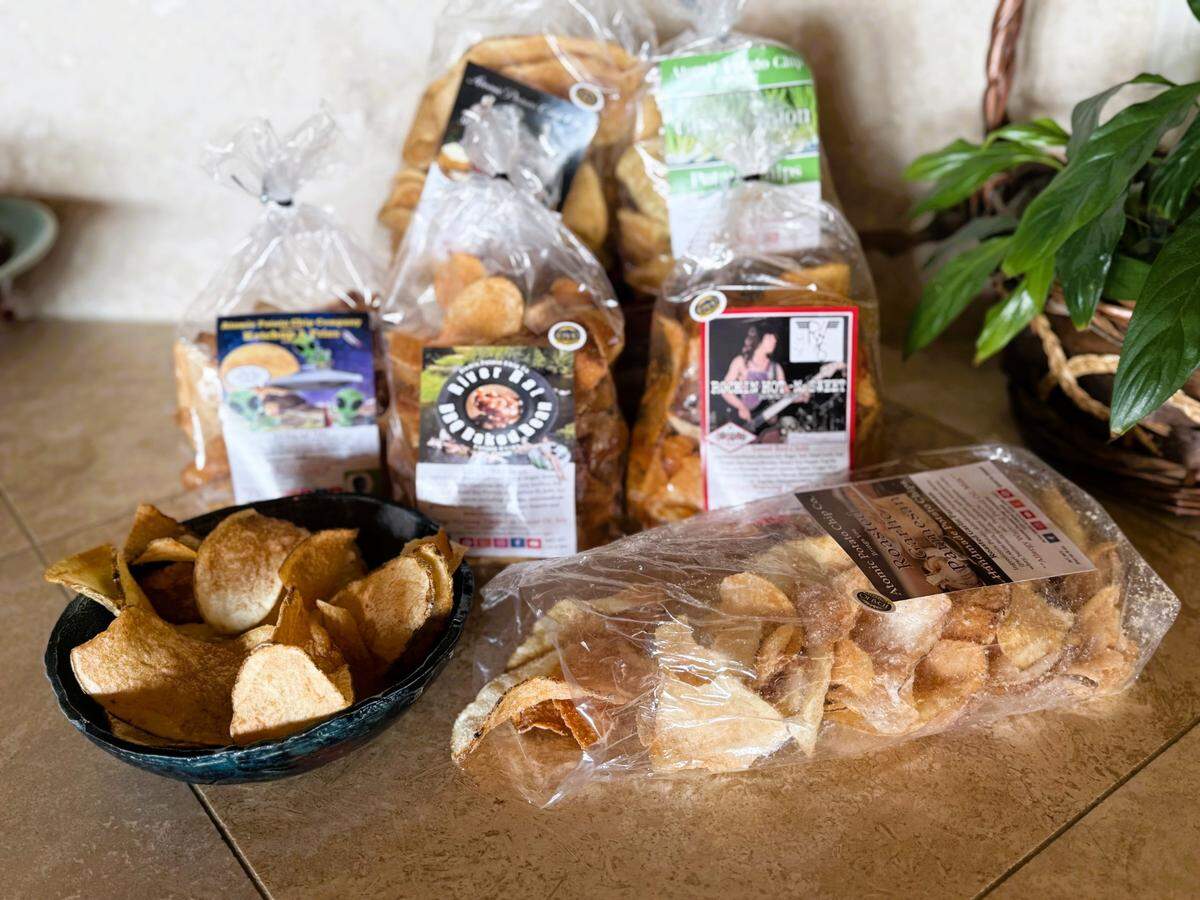 Atomic Potato Chip Company offers a variety of tempting flavors. The bags pictured are smaller than the normal 9-ounce versions sold at grocery stores, farmers markets and through mail order.