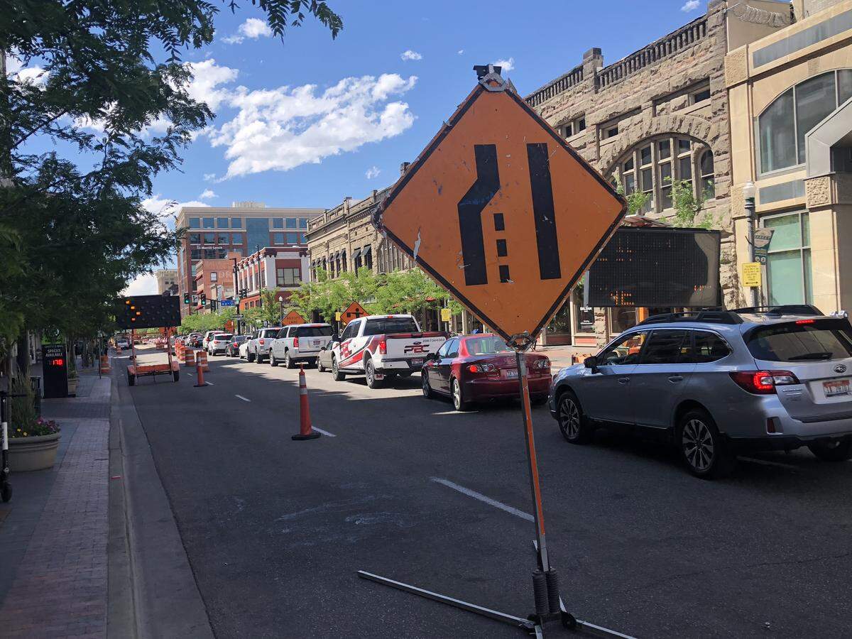 Traffic backs up on Idaho Street Wednesday afternoon. The road narrows to one lane due to construction on several blocks.