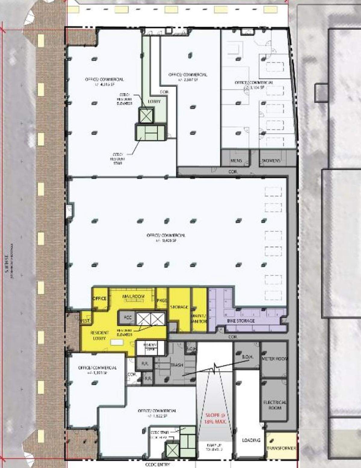 An architect’s plan for the ground floor. The developers envision an anchor office tenant in the middle of the building, with smaller office, restaurant and retail spaces facing Fulton, 8th and River streets.