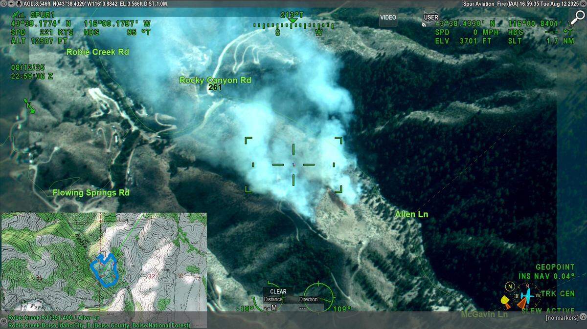 A 50-acre wildfire east of Boise has promoted evacuation alerts in nearby Robie Creek by the Boise County Sheriff’s Office. One structure has been impacted. 