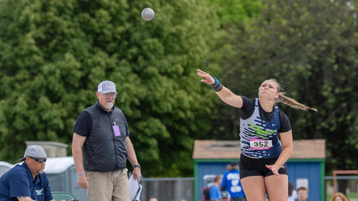 Mountain View’s Kami Clayton wins the 6A girls shot put at the Idaho high school state track and field championships Friday at Mountain View High School.