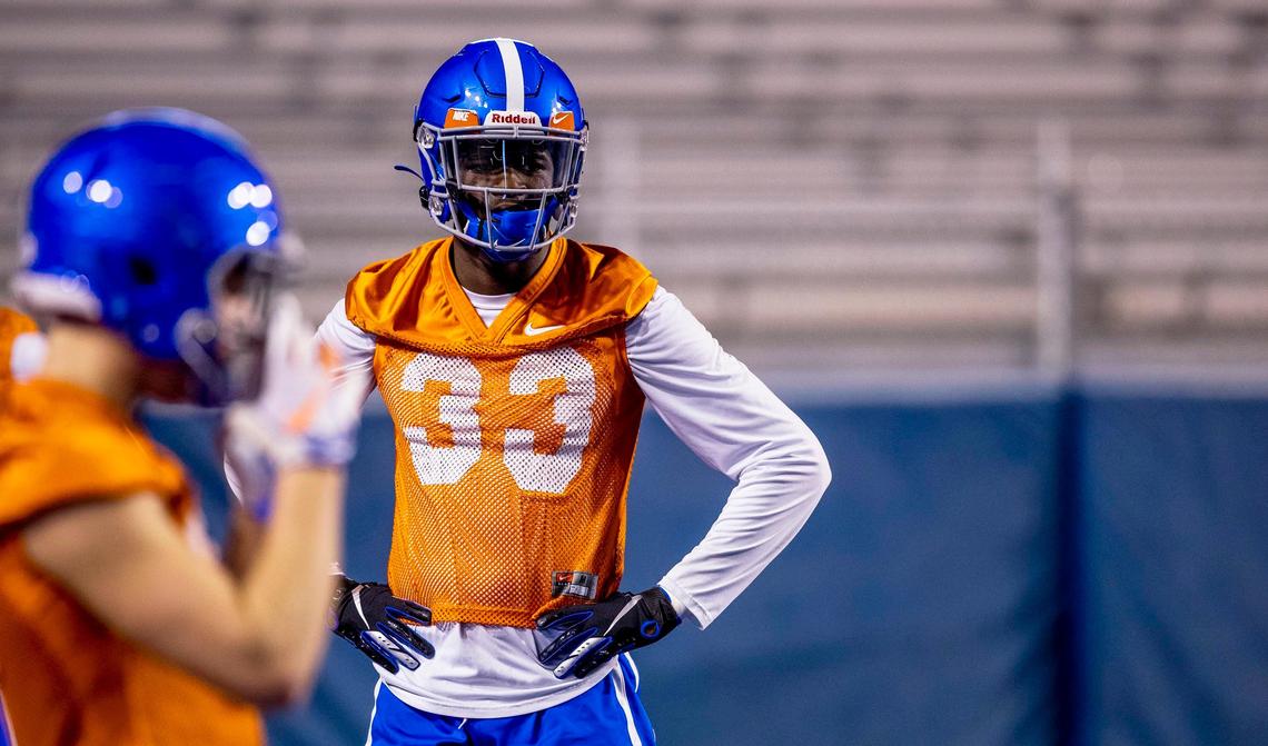 Boise State safety JL Skinner waits for the next station as the Broncos practice for the first time in spring camp Friday, March 6, 2020 at Albertstons Stadium in Boise.