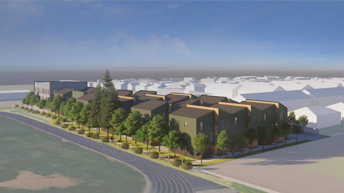 The infill development would be wedged between commercial buildings and two-story town houses on one side and the Timberline High School track on the other, shown at bottom in this preliminary rendering. The three-story apartment building can be seen at far left in gray.