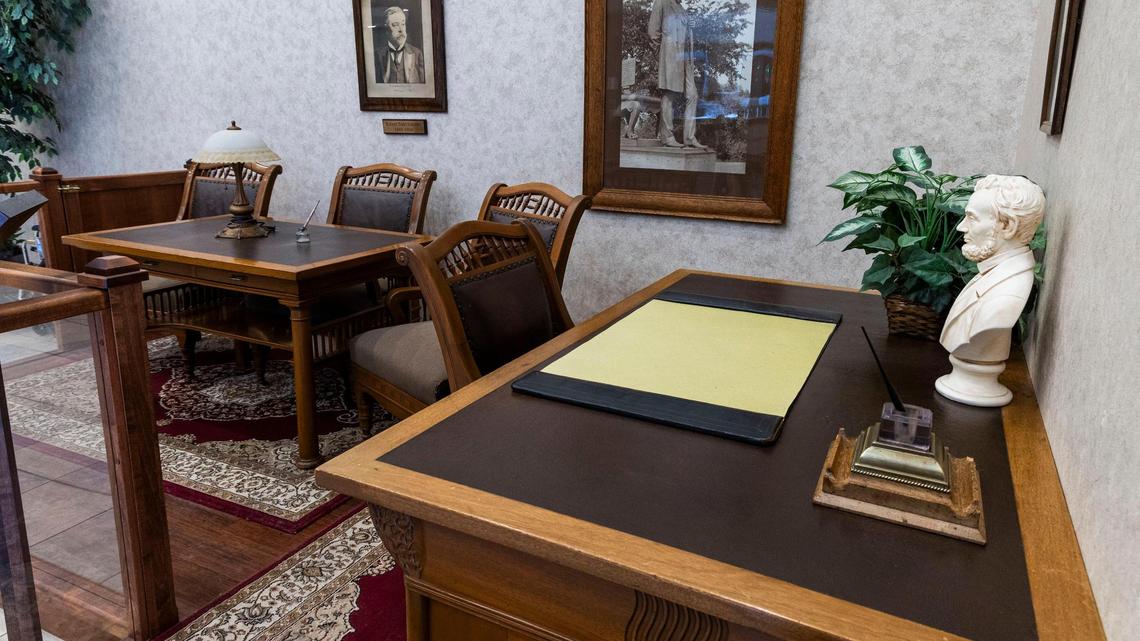 A display in the Ada County Courthouse lobby features a desk, table and chairs that belonged to Robert Todd Lincoln, the son of U.S. President Abraham Lincoln.