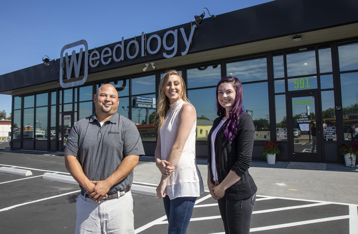 Weedology hopes to be the first Ontario dispensary open since Malheur County lifted a city ban on marijuana businesses last November. Eric Lantz, general manager, left; Taylor Cook, public relations; Stephanie Lang, inventory specialist.