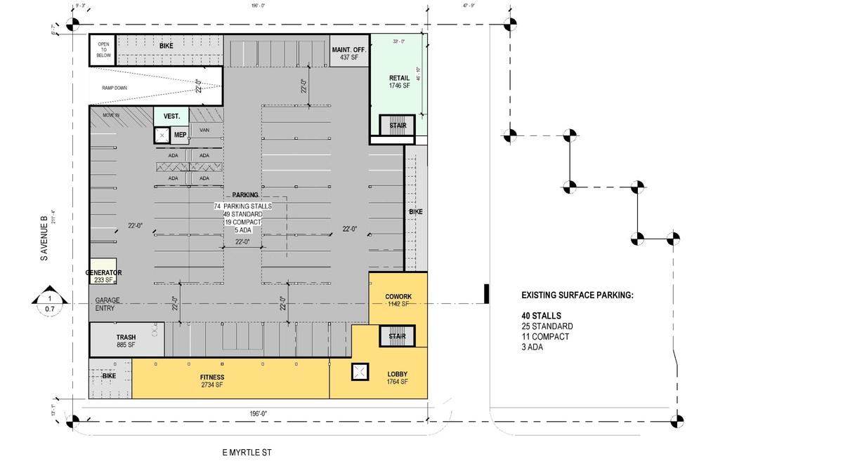 Site plans show a retail shop in the top right corner, with a lobby and gym running along Myrtle Street at bottom. Whole Foods Market is out of frame at top.