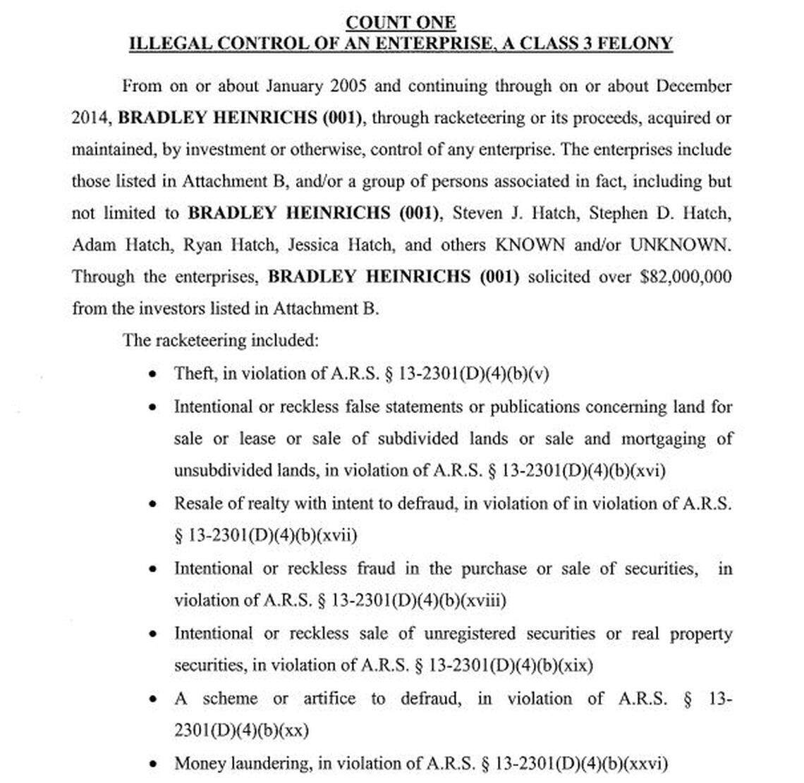 A seven-page indictment from an Arizona court accuses Boise real estate agent Bradley Heinrichs of misleading real estate investors and stealing money from them.