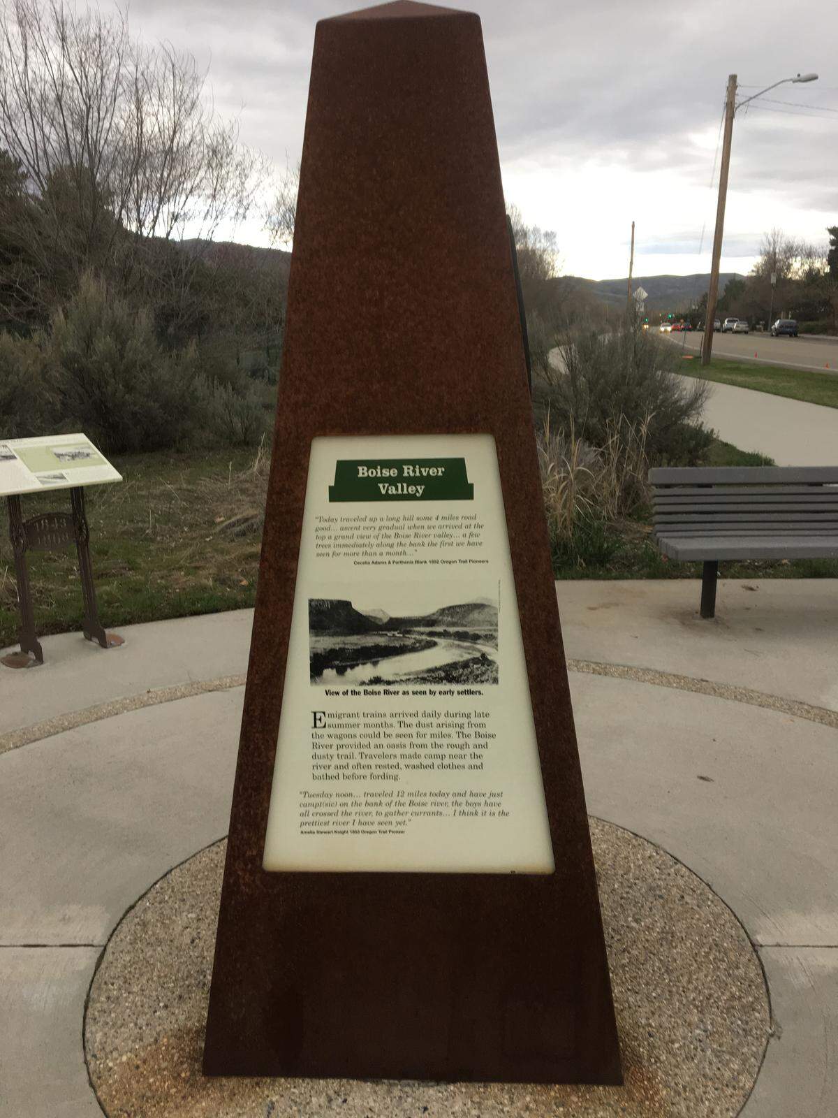 Obelisks along Boise Avenue mark the history of the Oregon Trail’s passage through Ada County.