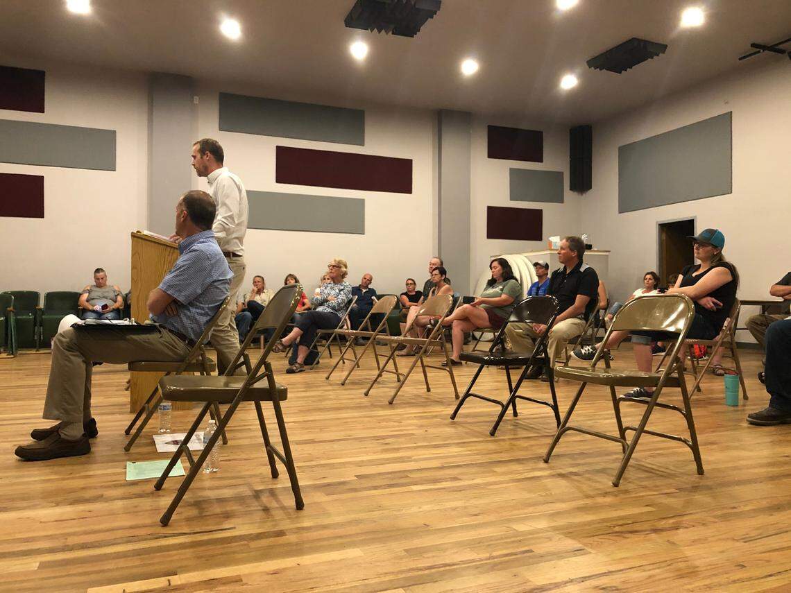 Melba city attorney Marc Bybee explains to the City Council and more than 30 attendees how difficult it has been to understand how Idaho’s new property tax law will affect Melba’s budget.