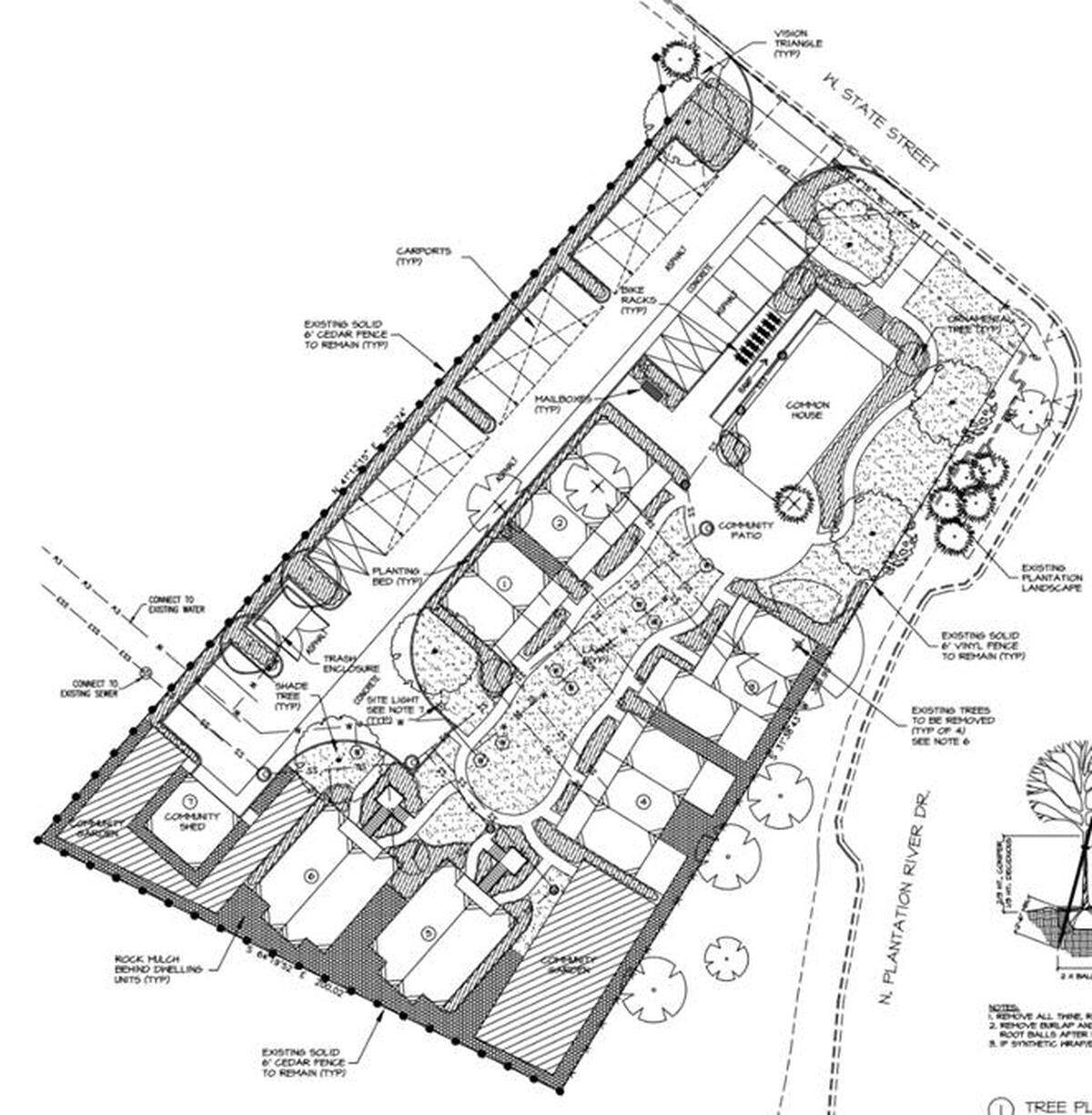 Drawing of the proposed CoHousing Commons development off State Street in Garden City. Plans call for 19 small condominiums with the existing Pedro Echevarria House, built in 1920, to serve as a community center. Parking would be confined to the west side of the 1.3 acre parcel, at the left of the drawing.