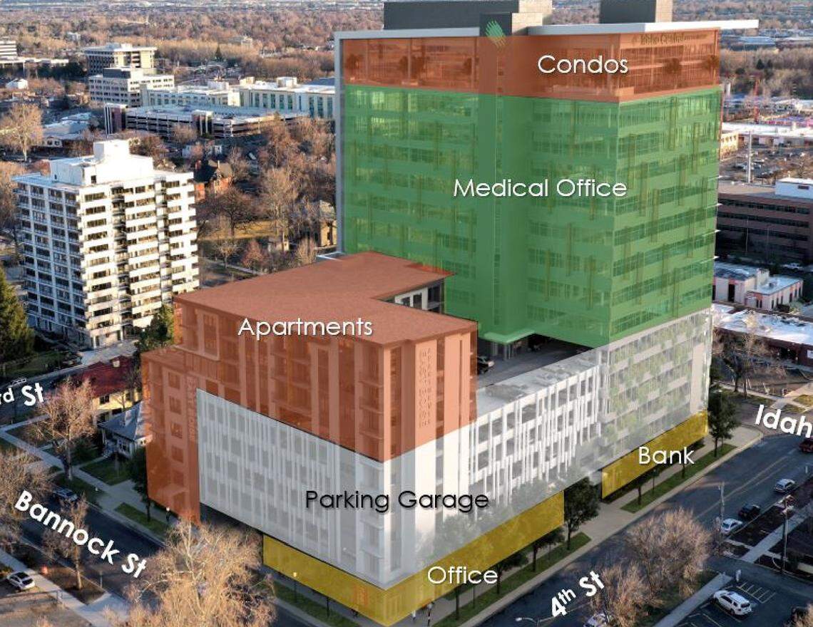This is the latest configuration of the building proposed by Ball Ventures Ahlquist and Idaho Central Credit Union at 200 N. 4th St. The “mixed use” building would have housing, offices, retail and parking. This view looks to the southeast. The Imperial Plaza Condominiums are at left.