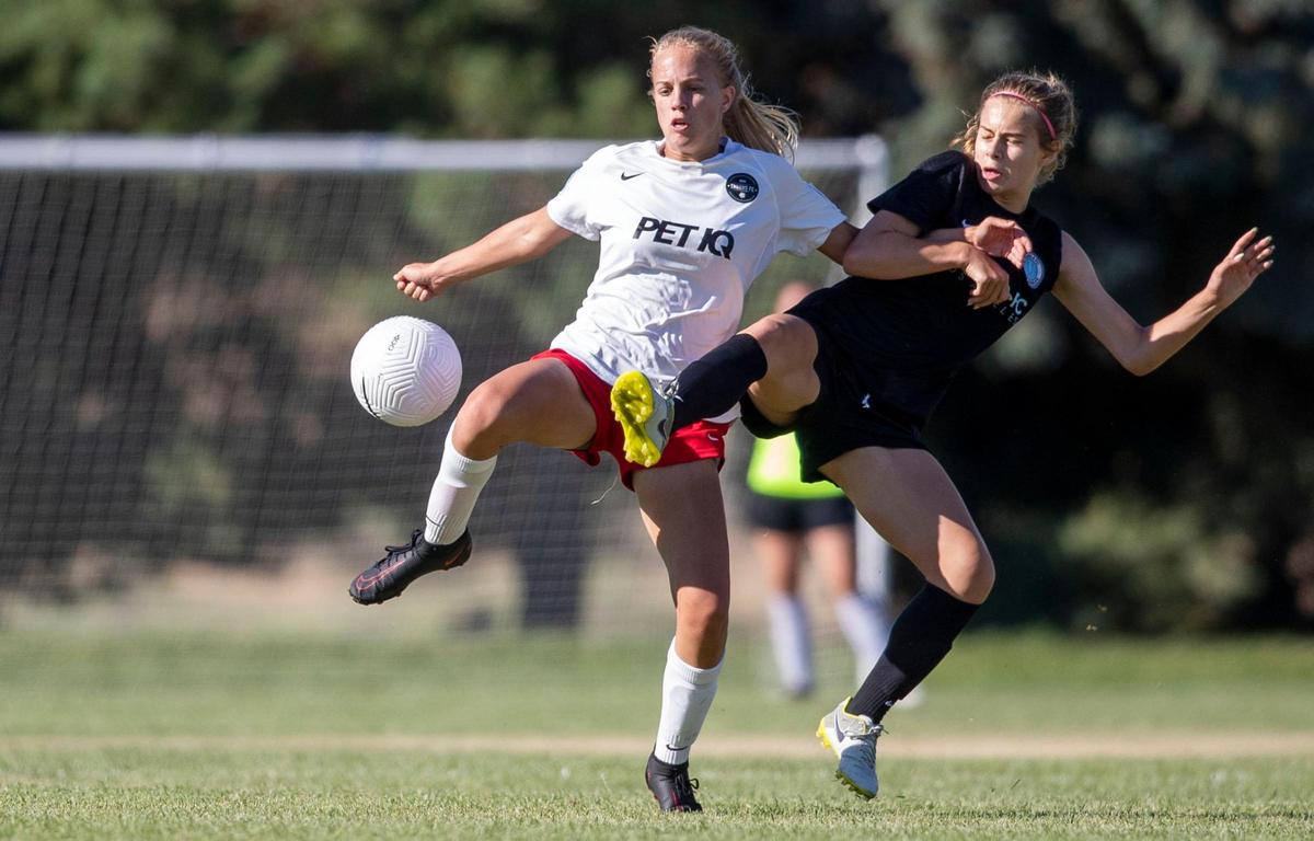 McKenna Doremus of the U-16 Boise Thorns girls wins a ball away from a defender during the quarterfinals Friday at the U.S. Youth Soccer Far West Regional Championship at Boise’s Simplot Sports Complex.