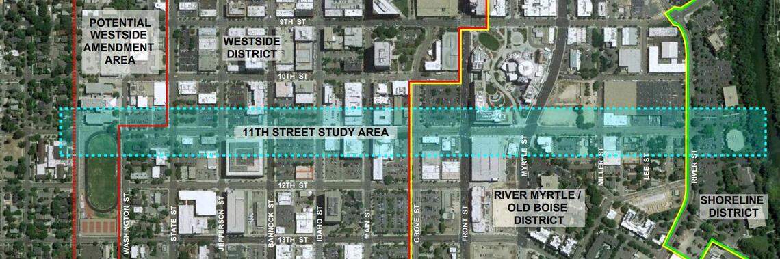 The city of Boise is considering enlarging the 11th Street bikeway from the Boise High School campus, far left of the blue dotted line, south to River Street, next to the Boise River Greenbelt and the river.