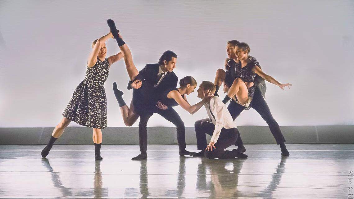 Anissa Baillis, Daniel Ojeda, Cydney Covert, Ethan Schweitzer-Gaslin, John Fraser and Madeline Bay in Lauren Edson’s playful and ironic “Song and Dance (but not at the same time),” the closing piece at Ballet Idaho’s “NewDance: Form and Function. The program opened the company’s season Nov. 8-11.