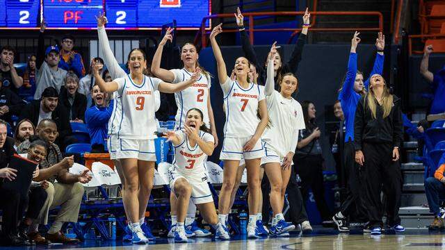 Boise State's bench cheers a teammate's 3-pointer against San Diego State in a Mountain West women's basketball game at ExtraMile Arena in Boise, Wednesday, Feb. 25, 2026.